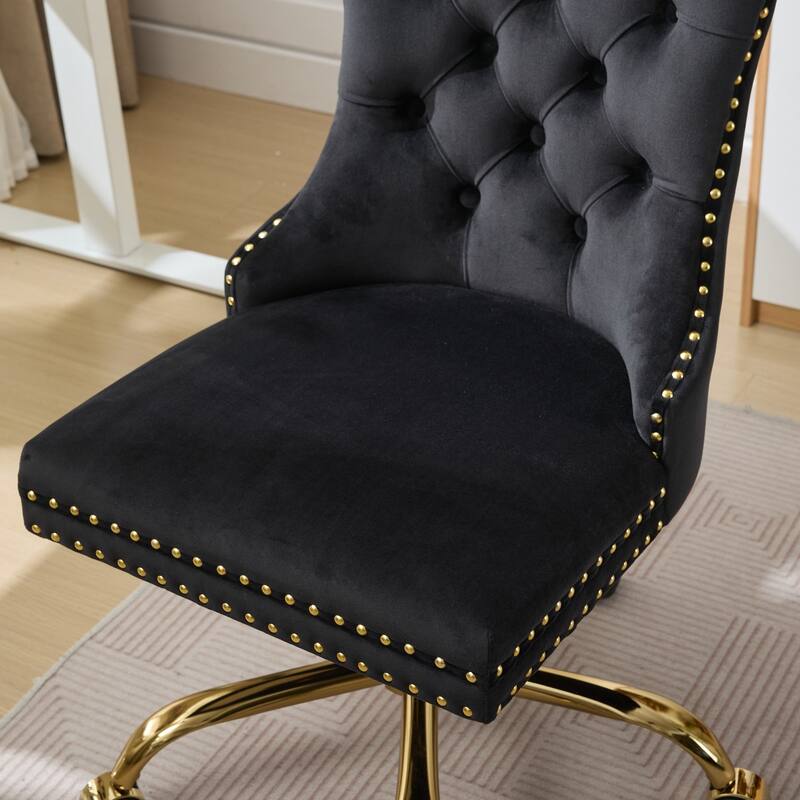GDF Studio - Velvet Tufted Upholstered Home Office Chair with Golden Metal Base with Swivel Adjustment and Elegant Button Back