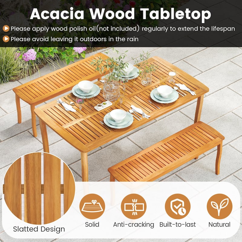 63 Inch Acacia Wood Outdoor Dining Table with Umbrella Hole for Patio Backyard Garden - 63" x 32" x 30"