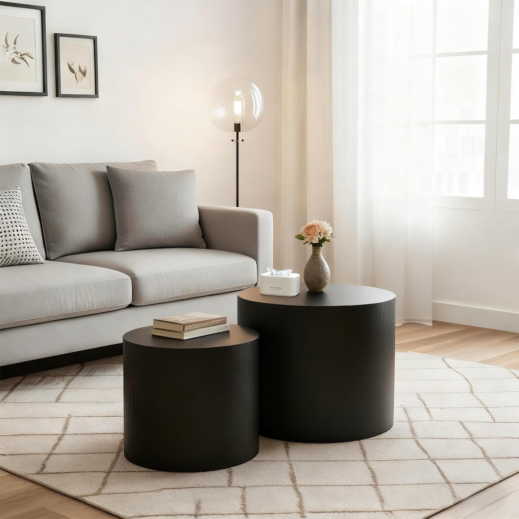 Nesting Coffee Table Set of 2, Modern Round Wooden Side Tables with Non-Slip Feet, Space-Saving Living Room Accent Tables