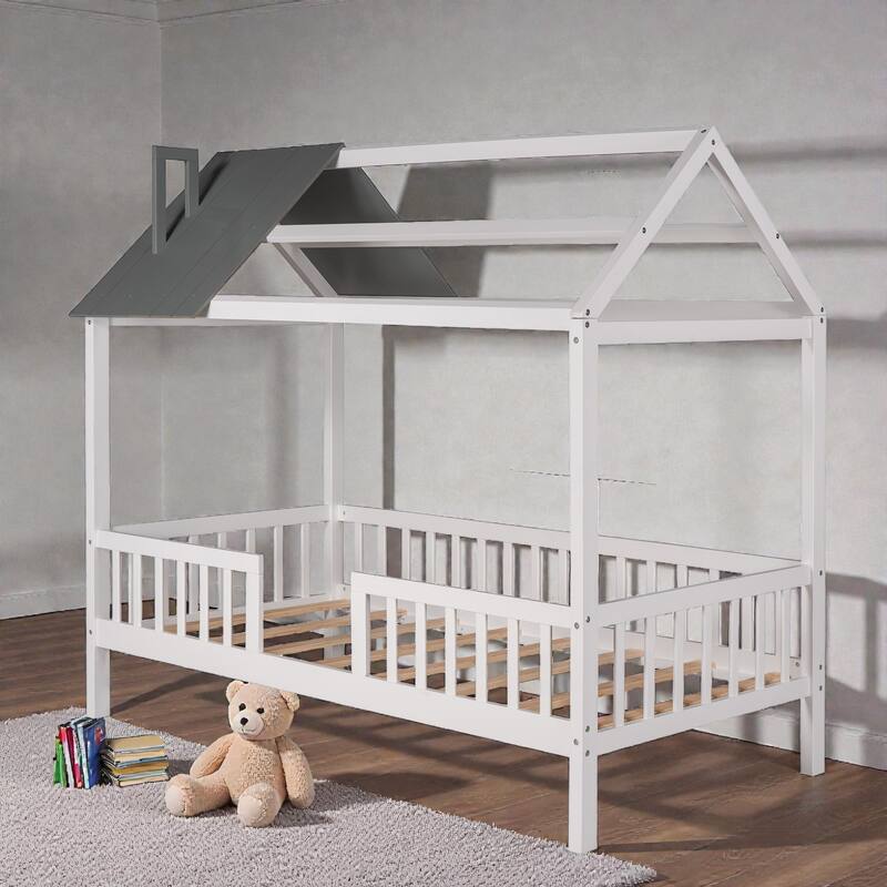 Twin Size Wooden House Bed with Fence, Roof Playhouse Design, Kids Montessori Floor Bed with Safety Rails