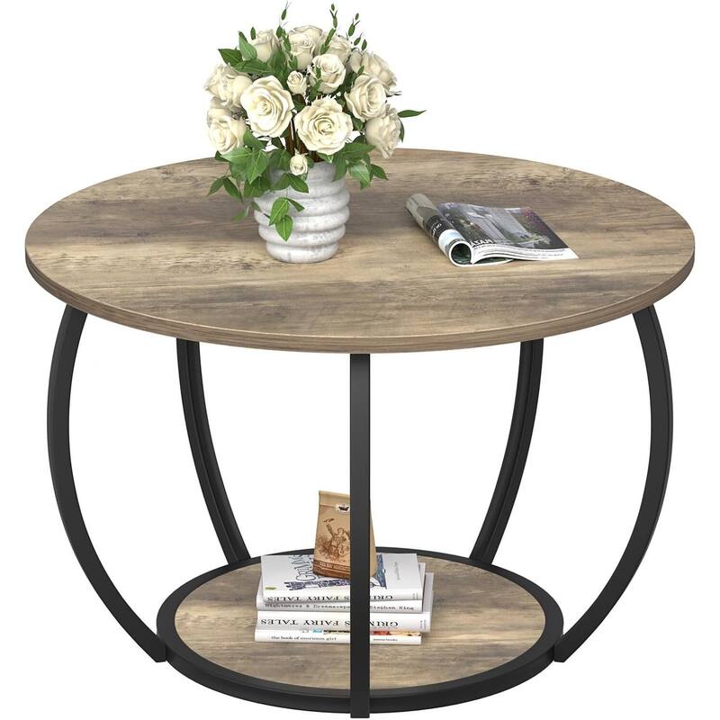 Round Farmhouse Coffee Table w/Storage & Adj. Feet for Small Spaces