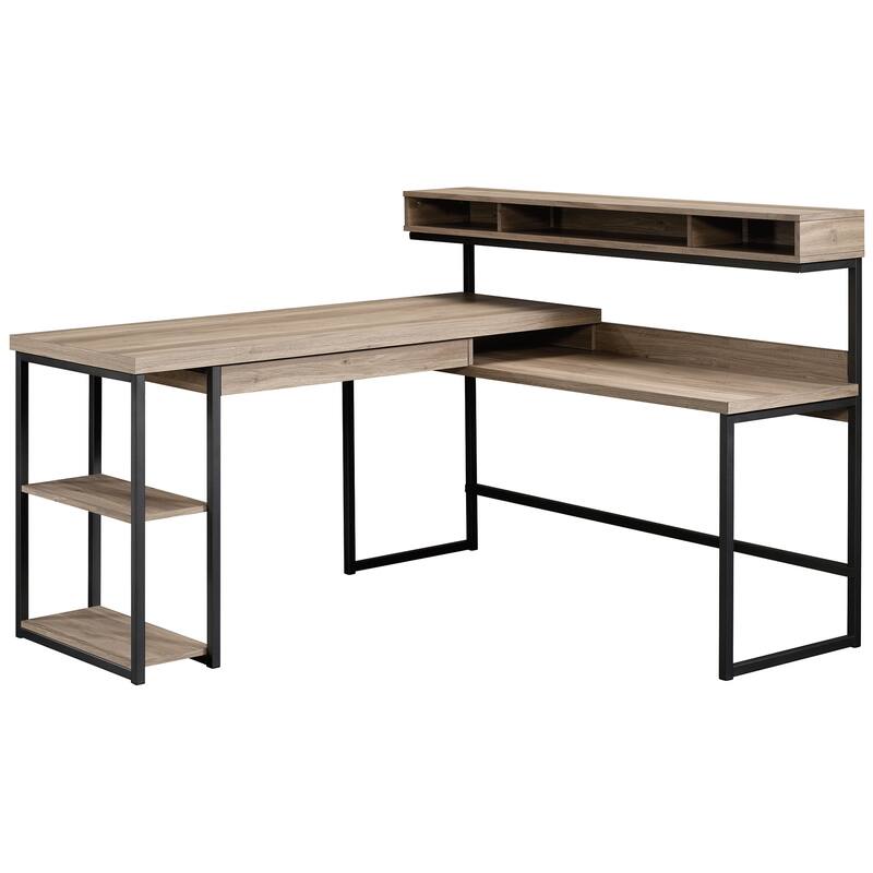 Engineered Wood Industrial L-Shaped Desk with Elevated Cubby Shelf , Brown