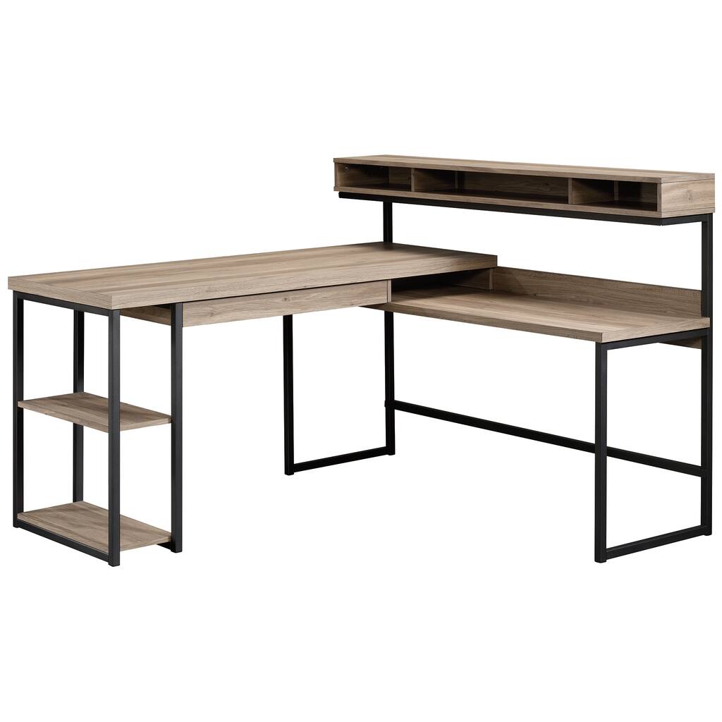 Engineered Wood Industrial L-Shaped Desk with Elevated Cubby Shelf , Brown