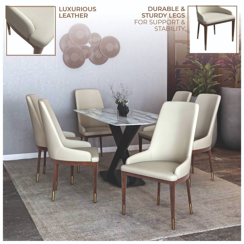 Dining Chair Upholstered in Leather with Rubberwood Frame Set of 2 Side Chair High Back and Gold Accent Legs