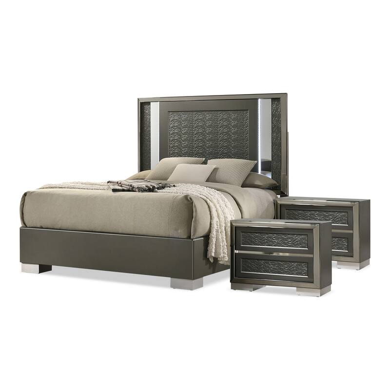 Furniture of America Iralles Modern 3-Piece Dark Grey Wood King Platform Bedroom Set with LED Light