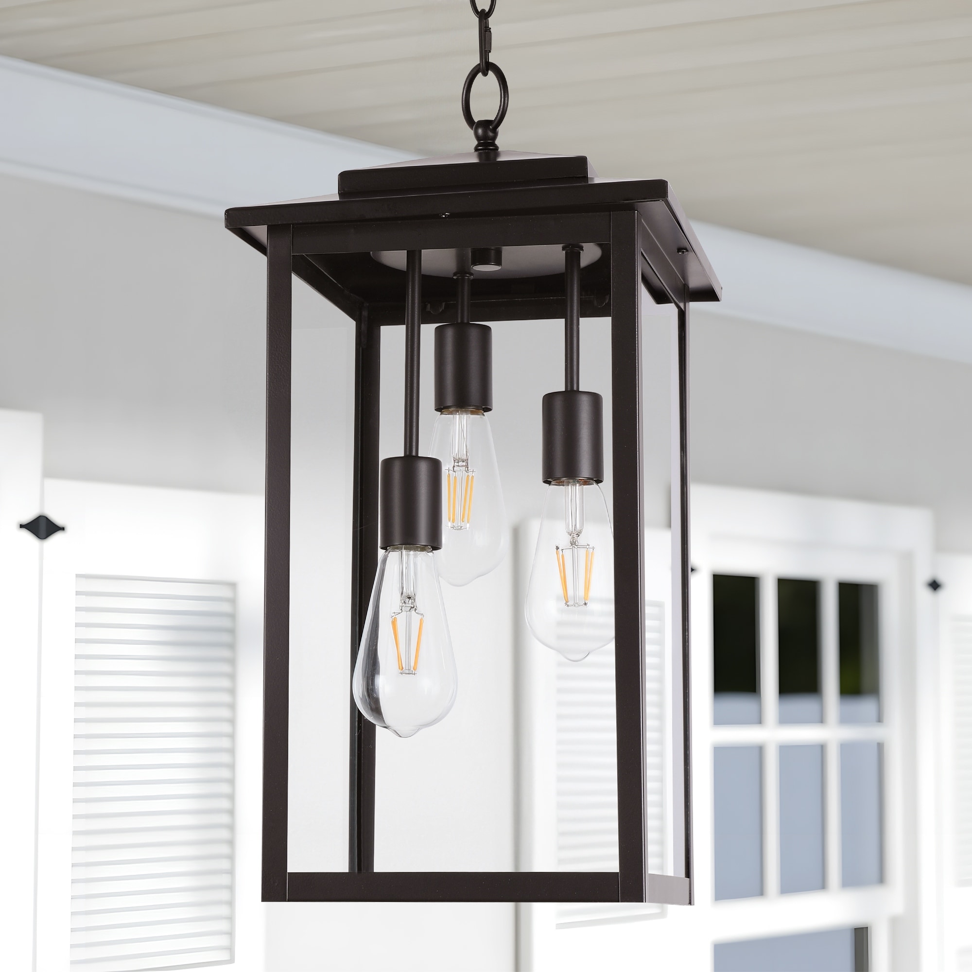 3-Light Outdoor Pendant Lantern – 20" Black Waterproof Hanging Chandelier With Clear Glass, For Porch & Patio