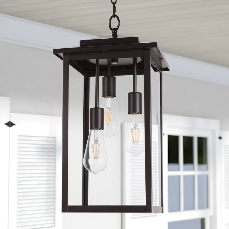3-Light Large Outdoor Hanging Pendant Light with Glass