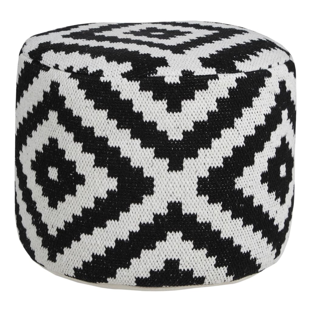 18" White and Black Geometric Medallion Round Pouf Ottoman