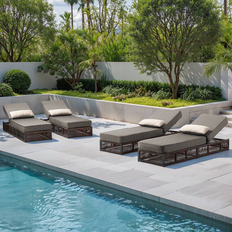 Gymojoy Outdoor Patio Chaise Lounge Chair, Luxury Rattan Recliner with 6-Position Backrest & 5-Inch Thick Cushions Set of 4
