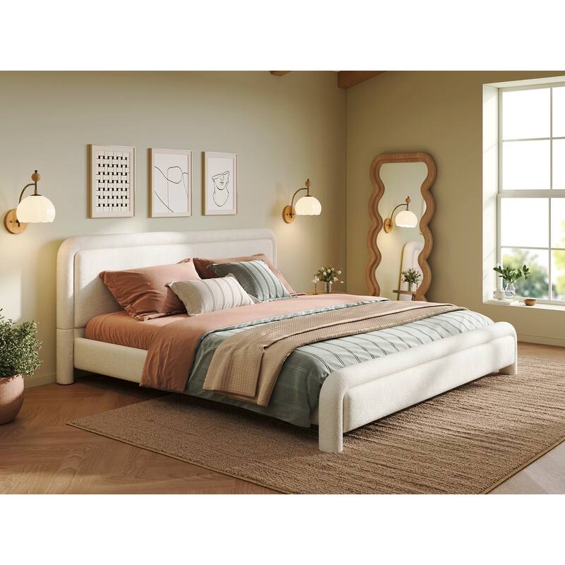 Christopher Knight Home - Boucle Upholstered Platform Bed Frame with Curved Headboard