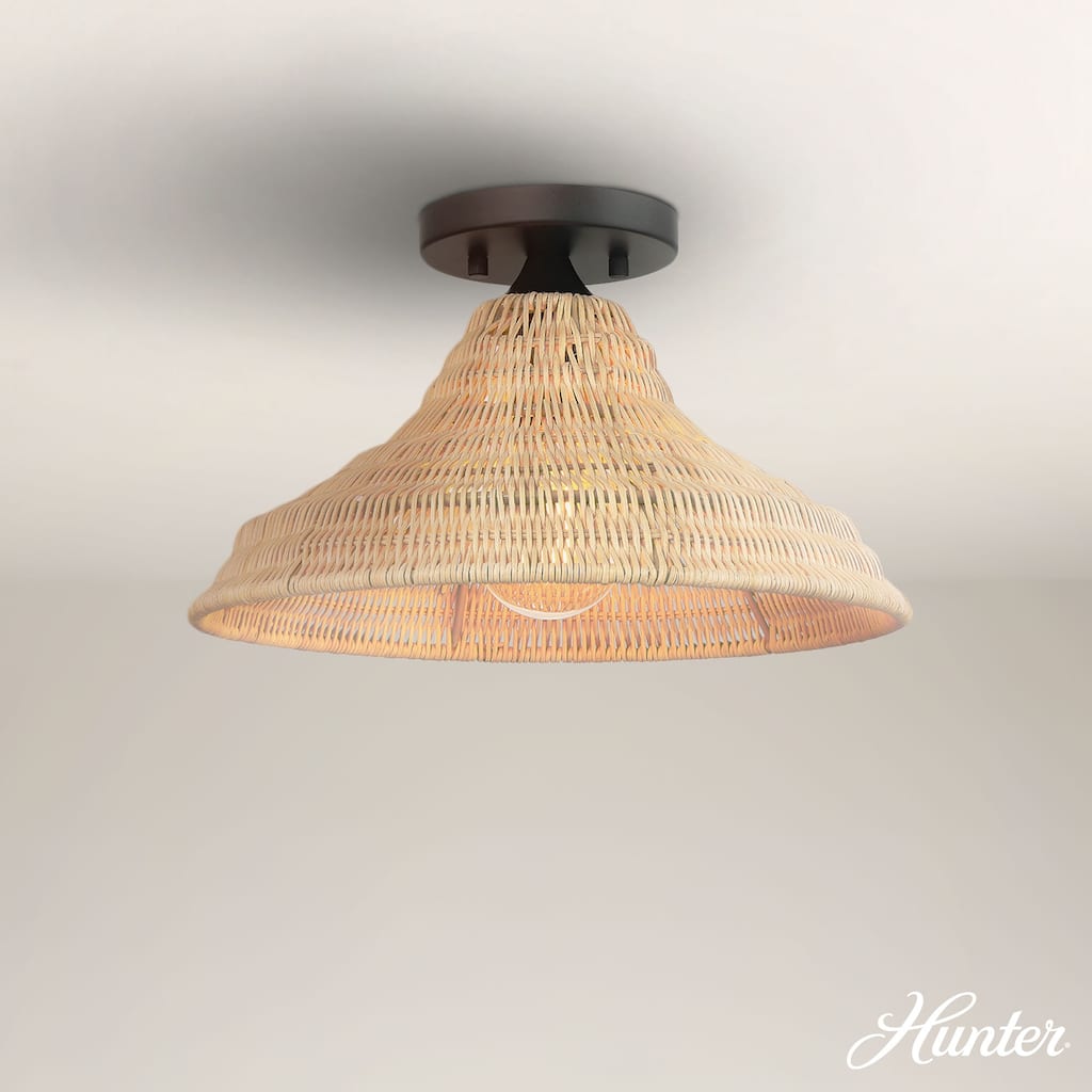 Hunter Agoura 14" Boho Rattan Flush Mount Ceiling Light - Kitchen, Bedroom, Hallway, Entry, Laundry Room - Transitional, Coastal