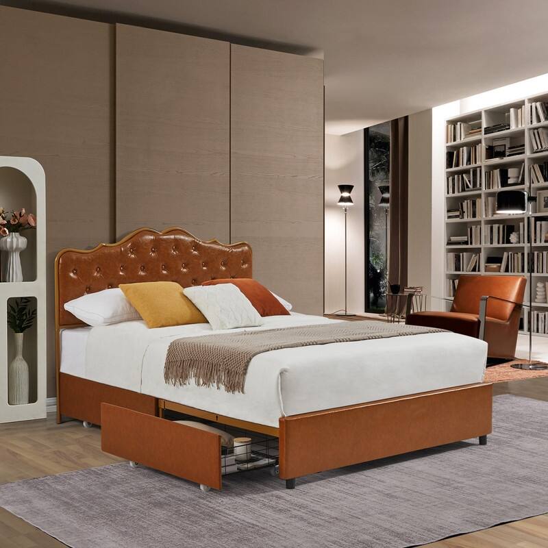 78" buckle-shaped backrest, sponge soft bag, with four storage drawers, comfortable and elegant - Tan