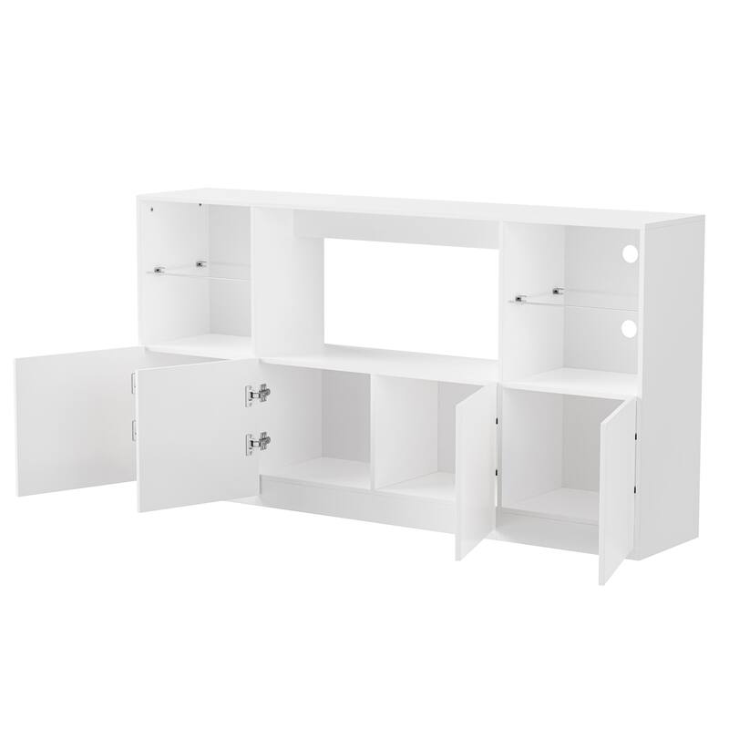 Modern High-Gloss TV Stand for TVs up to 75" with LED Lights, Large Storage Cabinet and Tempered Glass Shelves, White