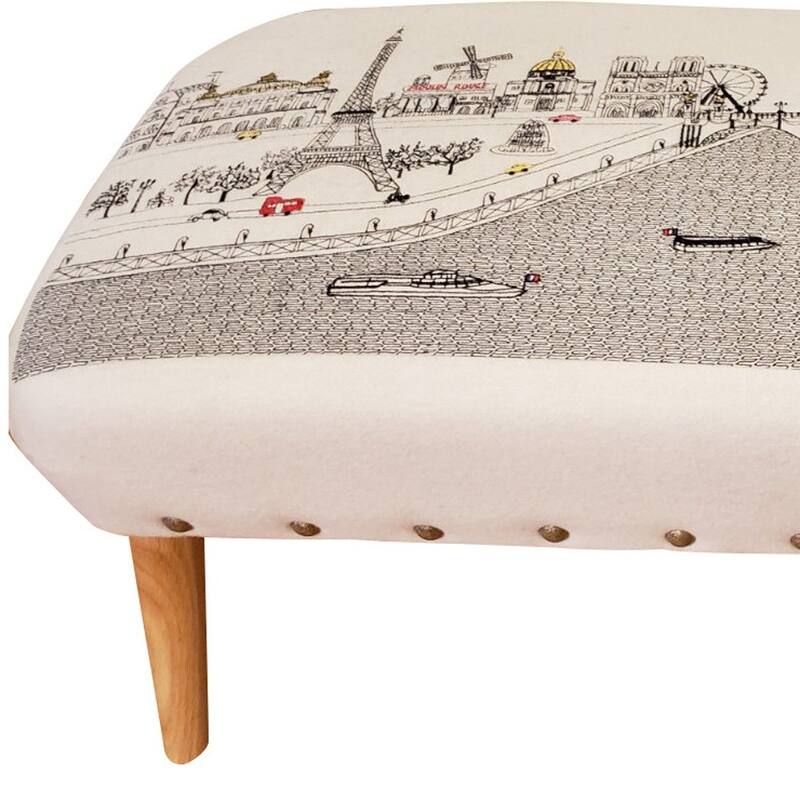 HomeRoots 38" Paris Daylight Skyline Embroidered Ottoman