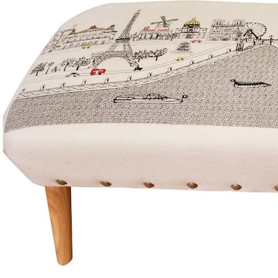 HomeRoots 38" Paris Daylight Skyline Embroidered Ottoman