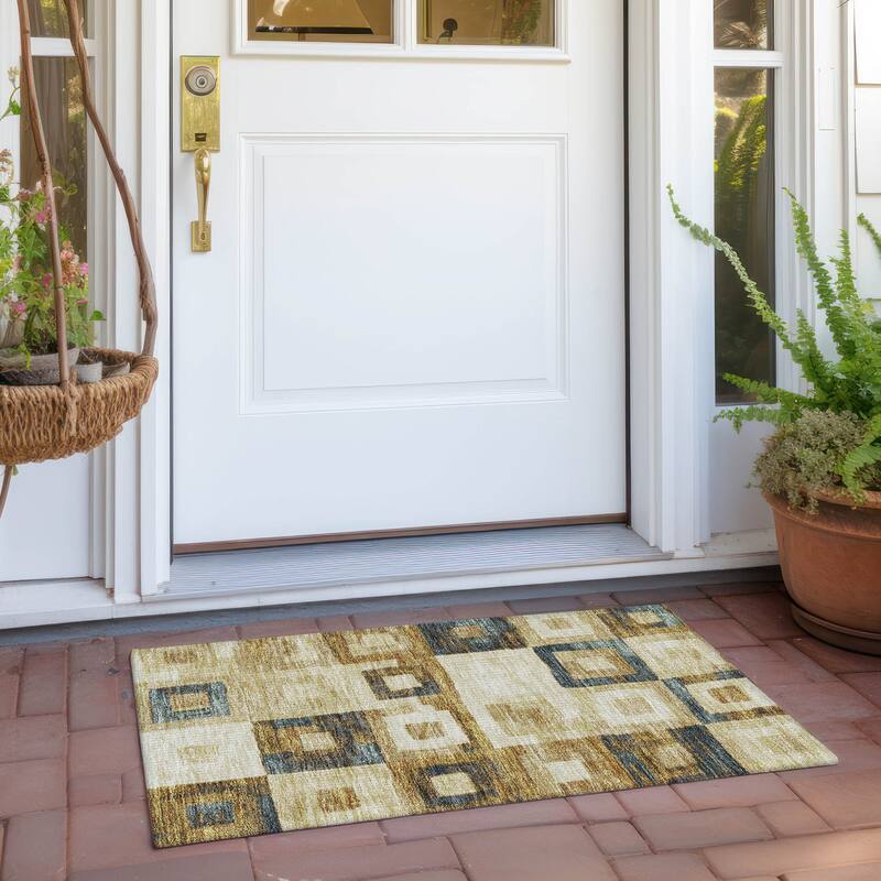 Machine Washable Indoor/ Outdoor Contemporary Blocks Chantille Rug