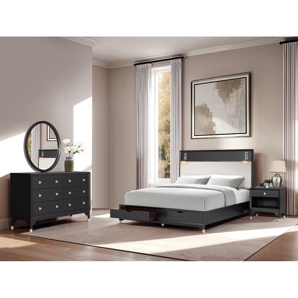 Black Mid-Century Modern Bedroom Collection with LED Headboard