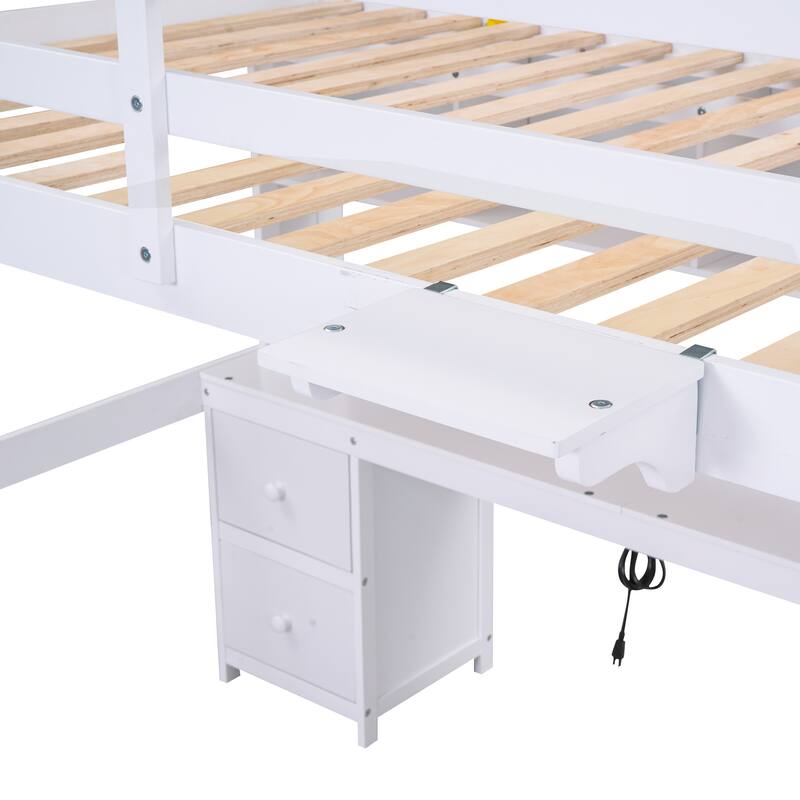 Full Size Loft Bed with Desk, Storage Cabinets, Drawers, Charging Station, White