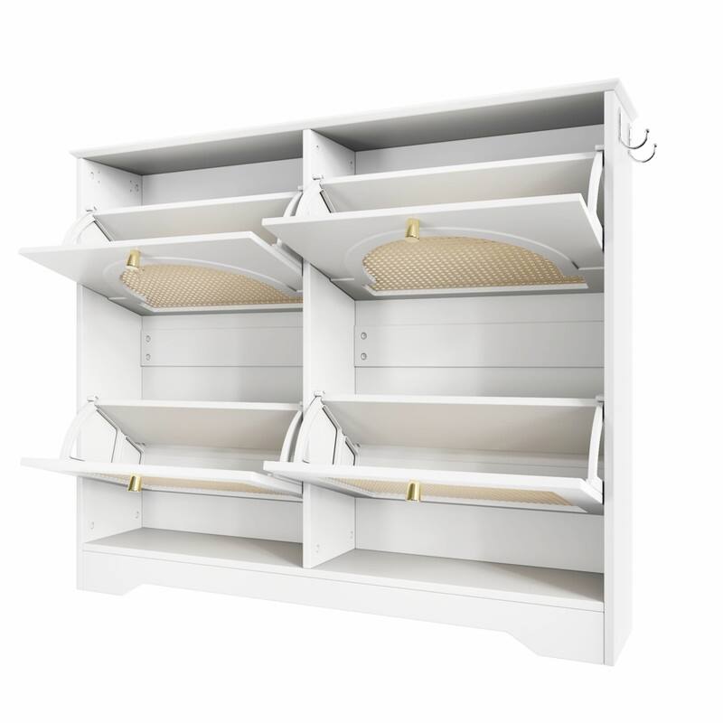 Narrow Shoe Cabinet with 4 Flip Drawers, Elegant Entryway Shoe Organizer with 4 Rattan Doors, Freestanding Shoe Rack w/ 2 Hooks