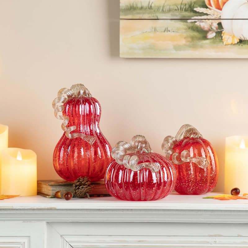 Glitzhome Set of 3 Fall Harvest Red Glass Pumpkin & Gourd with Glitter Thanksgiving Decorating