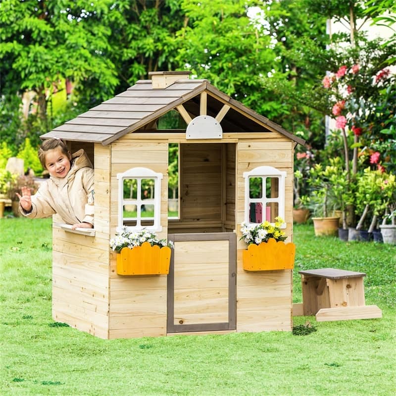 Natural Gray White and Orange Wooden Kids Outdoor Playhouse with Bench Service Station and Flowerpot Holders