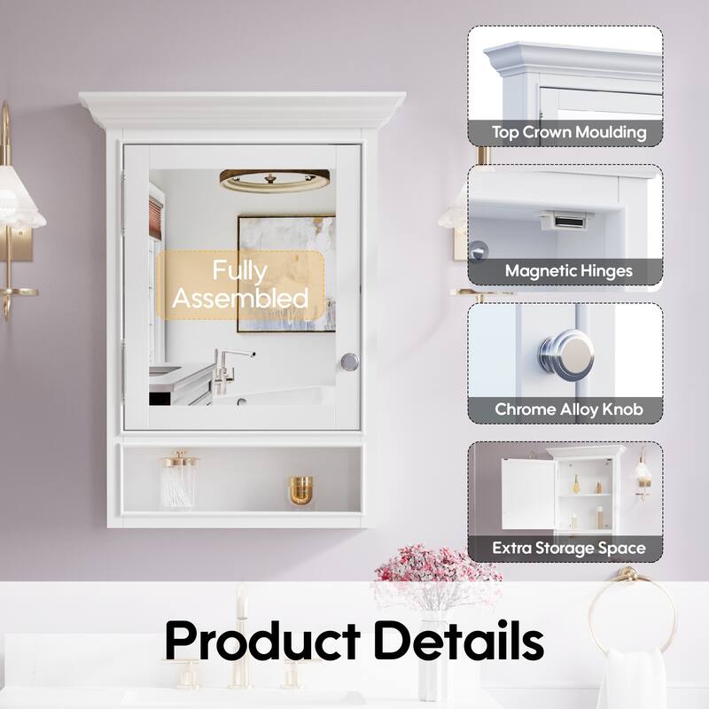 24"W X32''H Surface Mount Solid Wood Framed Medicine Cabinet With Bottom Shelf