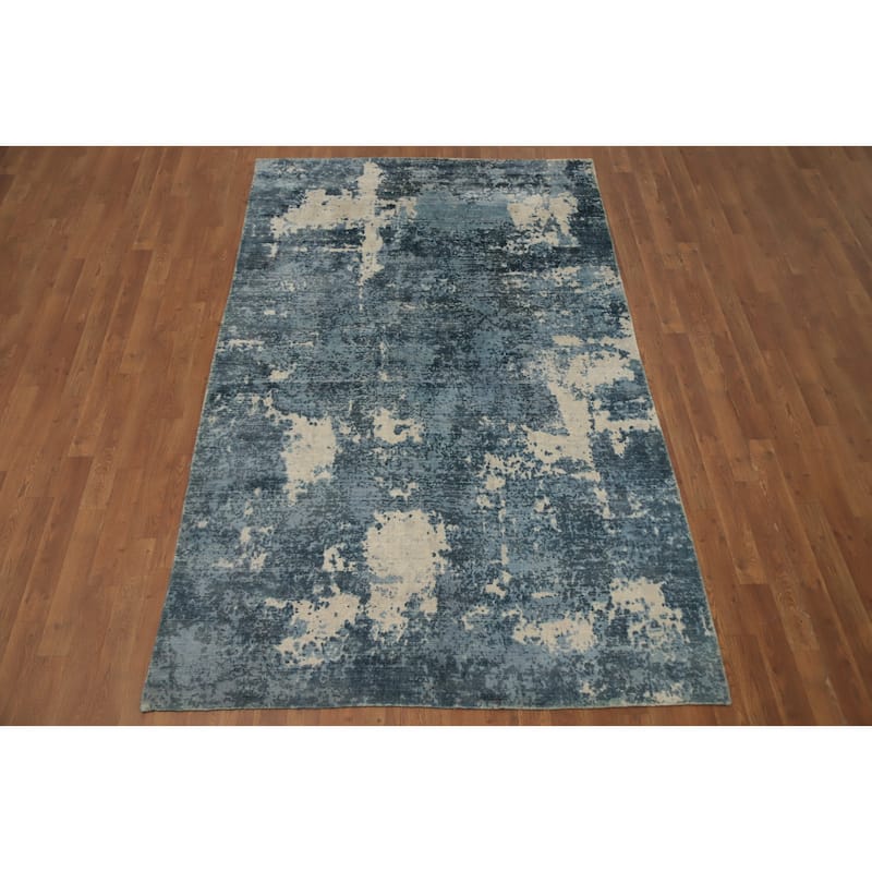 Hand Knotted Oriental Viscose Silk Carpet Modern All-Over Navy Blue & Blues Abstract Area Rug - 7' 11'' X 4' 11''