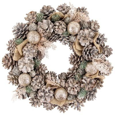 Green Pine Burlap Bows Artificial Glitter Christmas Wreath 13.75"