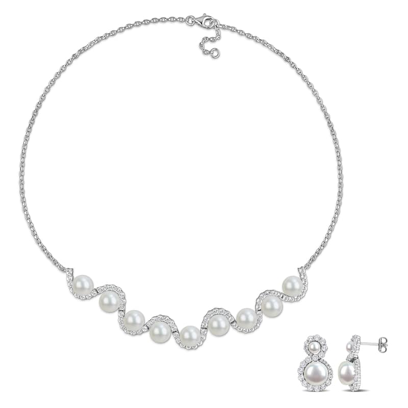 Miadora Cultured Freshwater Pearl 5.9ct TGW White Topaz Necklace Earrings Set Sterling Silver