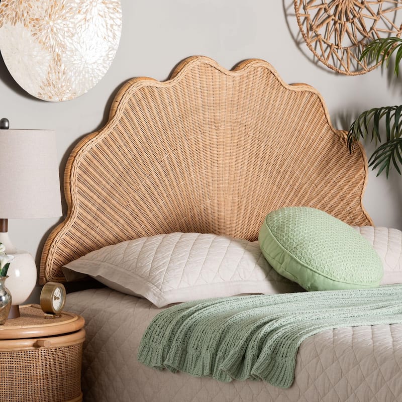 Callias Natural Rattan Scalloped Headboard with Sunburst Weave - Coastal Boho Wicker Bed Backdrop for Bedroom Decor, Queen