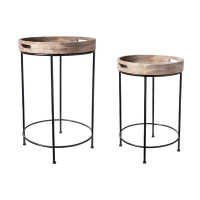 Round Tray Table with Metal Stand, Set of 2, Brown and Black