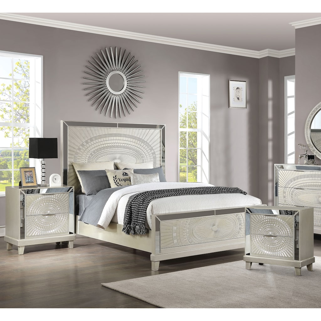 Luela Glam Champagne Wood 3-piece Panel Bed and Nightstands Set with USB Port by Furniture of America