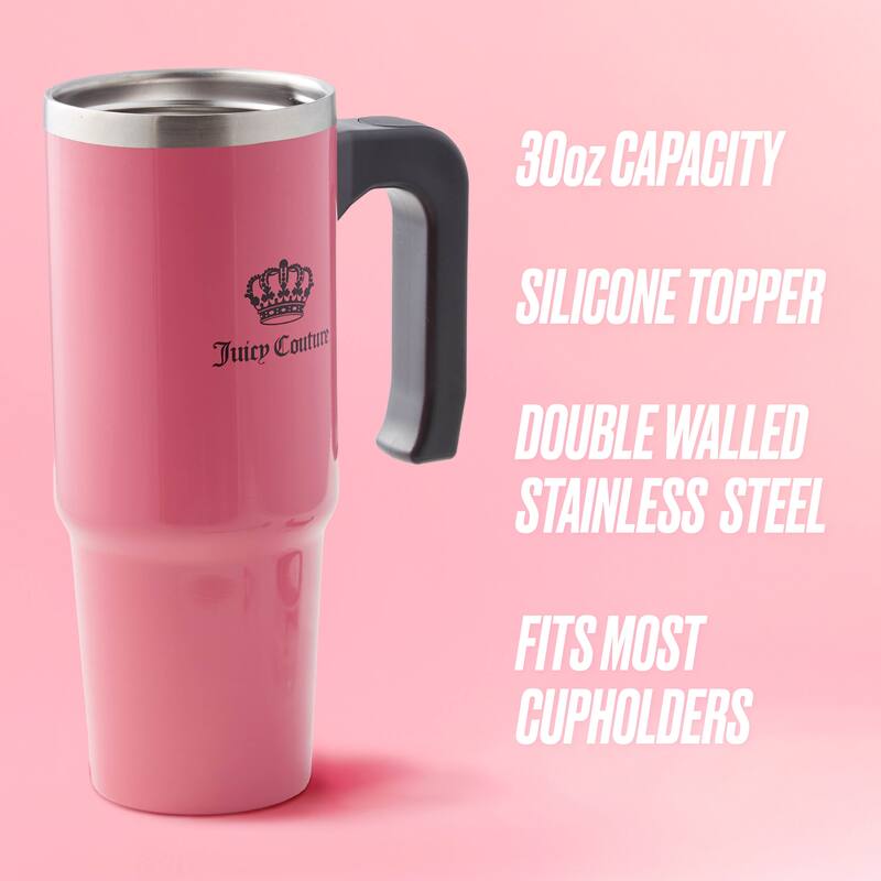 Juicy Couture Jetsetter Hydration Stainless Steel Tumbler with Handle, Straw & Topper with Neoprene Crossbody Pouch