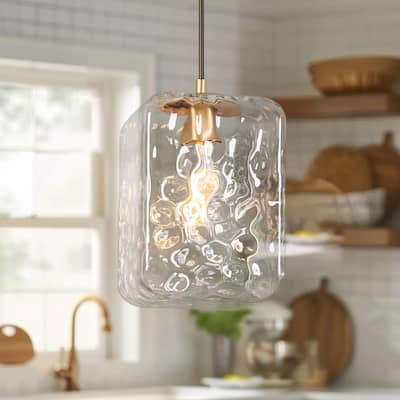 Modern 1-Light Stain Gold Textured Glass Pendant Light Fixture Rectangular Shade Kitchen Island Light for Dining Room