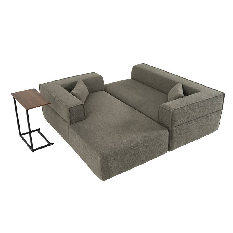 L Shaped Boucle Fabric Sectional Sofa w/ Chaise Lounge, Side Table, Pillows