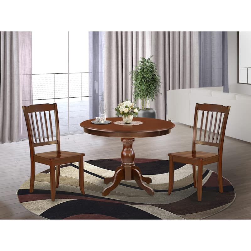 East West Furniture 3 Piece Modern Dining Table Set- a Round Table and 2 Dining Chairs, (Finish & Seat Options)