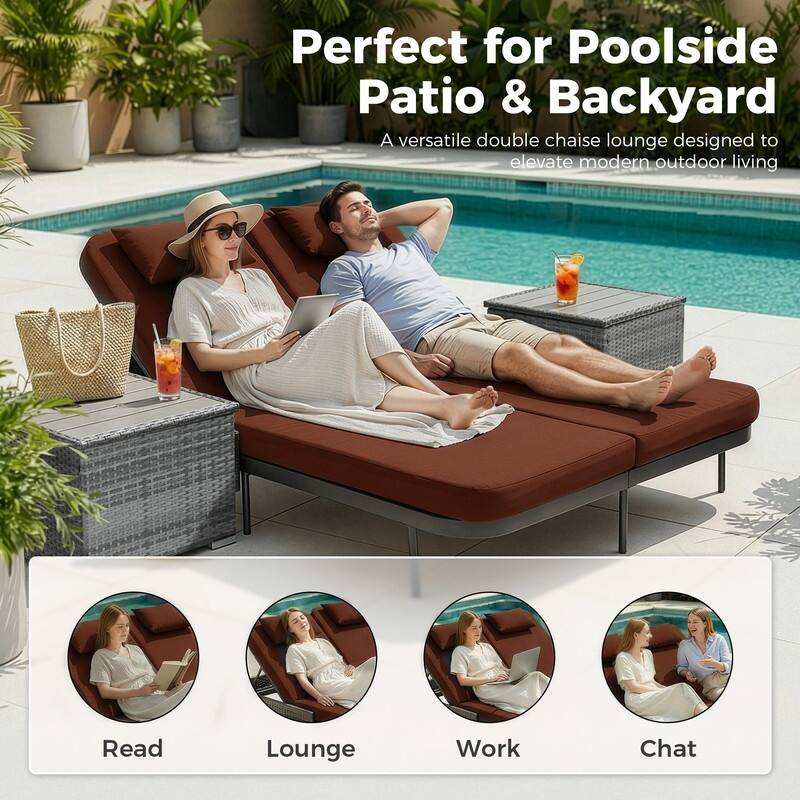 2-Person Outdoor Double Chaise Lounge with 2 Side Tables, Wicker Patio Reclining Daybed, Adjustable Backrests, 800 lb Capacity
