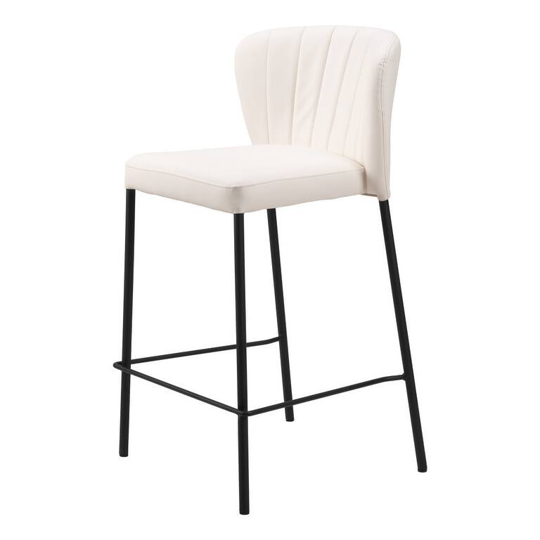 Set of Two 26" Cream And Black Faux Leather And Steel Counter Height Bar Chairs