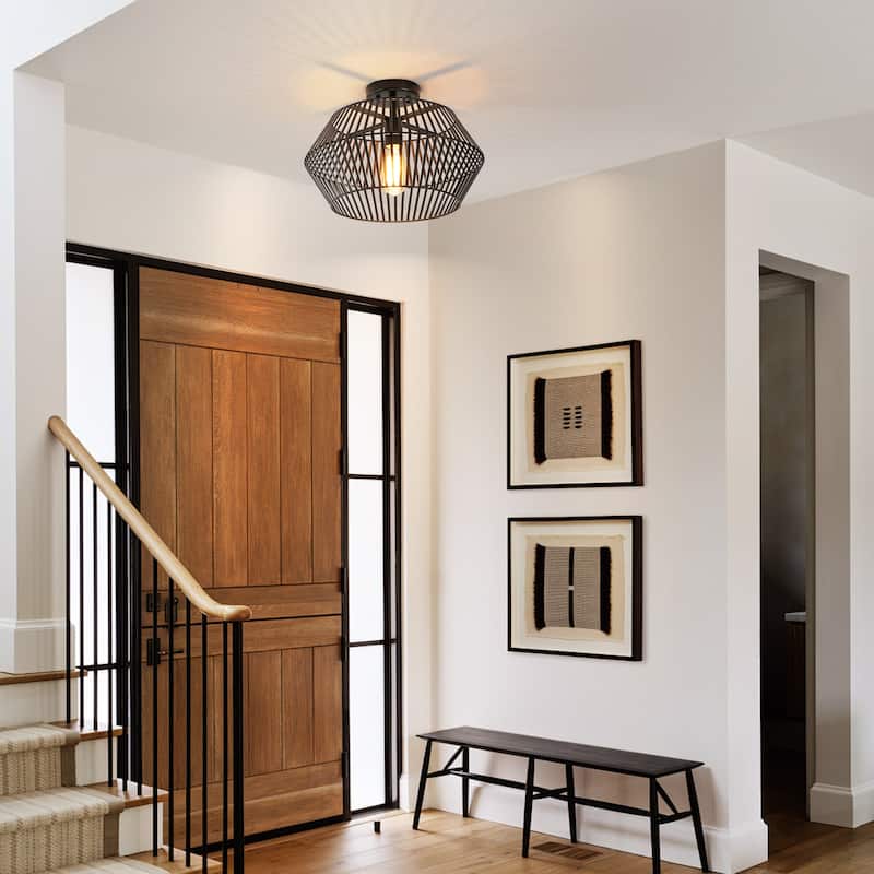 1-Light Industrial Black Iron Semi-Flush Mount Ceiling Light with Drum Shade - 15.75 in. W x 10.6 in. H x 15.75 in. D