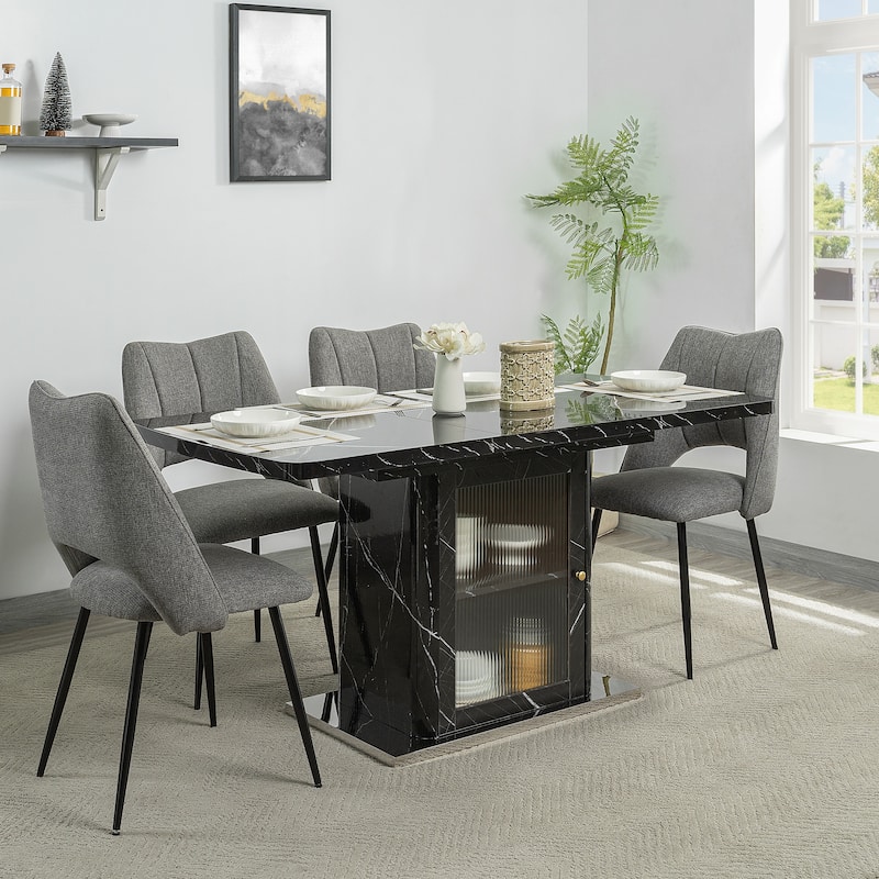 47-63" Modern Extendable Dining Table with Marble Top, Storage Leg & Metal Base