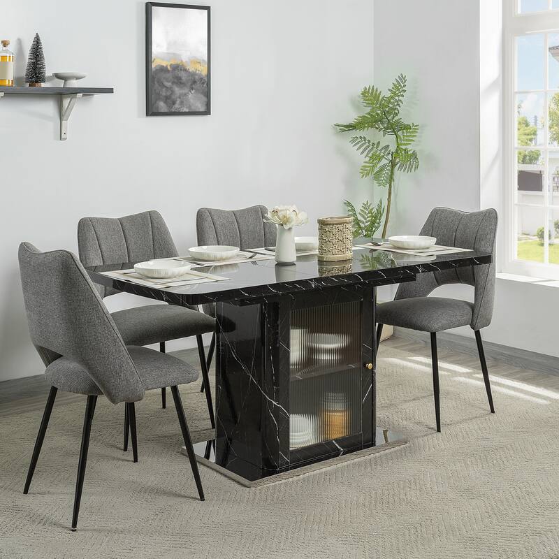 47.24"-63"Modern Rectangle Dining Table, Stretchable, with Printed Black Marble Table Top+Storage Cabinet Table Leg