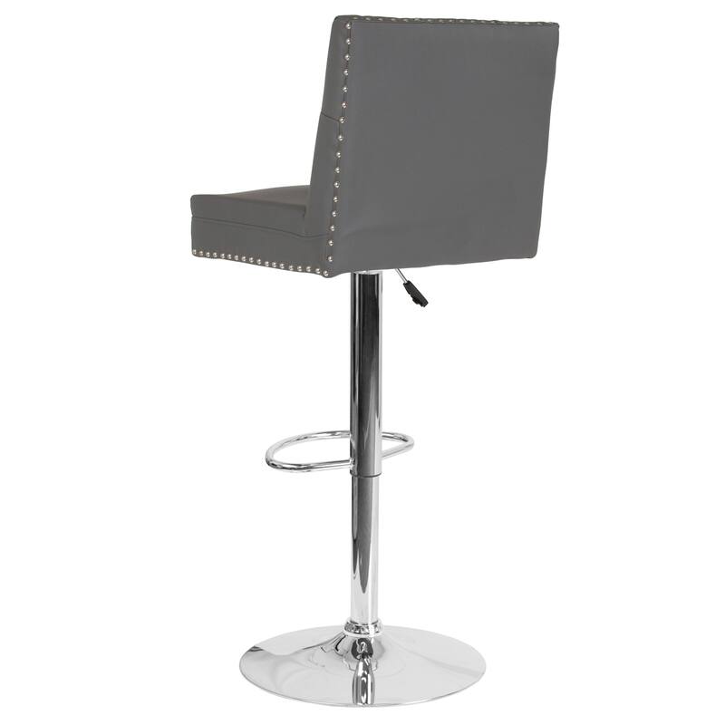 Adjustable Height Tufted Back Barstool w/Accent Nail Trim in Gray LeatherSoft - 17.5"W x 20"D x 38" - 46.5"H