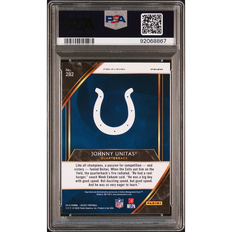 Johnny Unitas 2019 Panini Select Silver Prizm Football Card #282 Graded PSA 10 - 8'6" x 11'6"