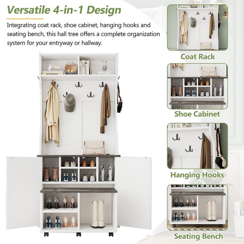 Farmhouse 4-in-1 Hall Tree with Barn Doors, Movable Bench with 7 Hanging Hooks and Shoe Storage Cabinet