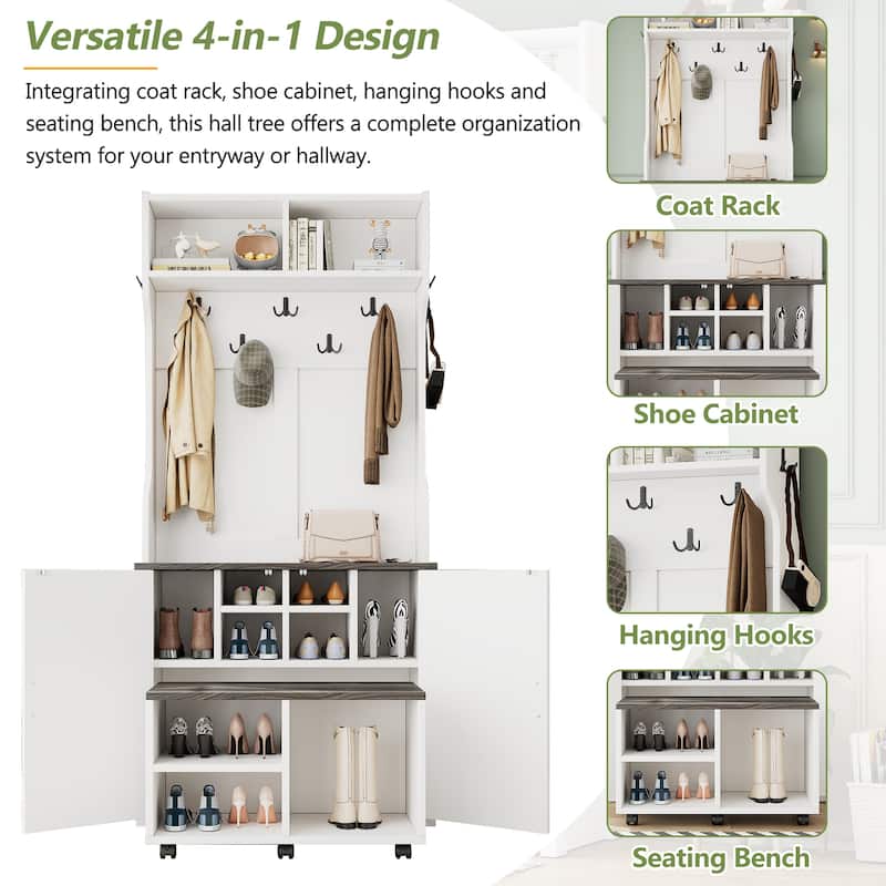 Roomfitters Farmhouse 4-in-1 Hall Tree with Barn Doors, Movable Bench with Shoe Storage and 7 Hooks, with Wheels