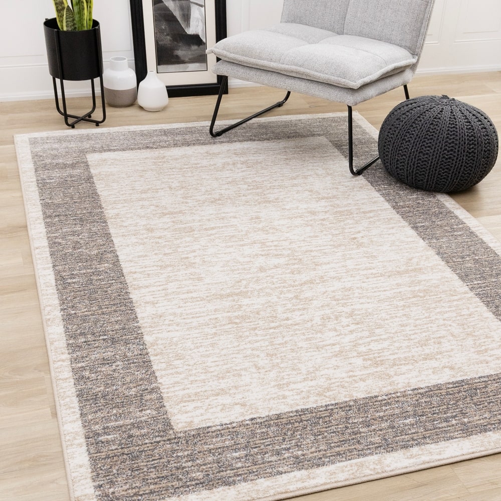Covington Beige Taupe White Distressed Simple Border Area Rug