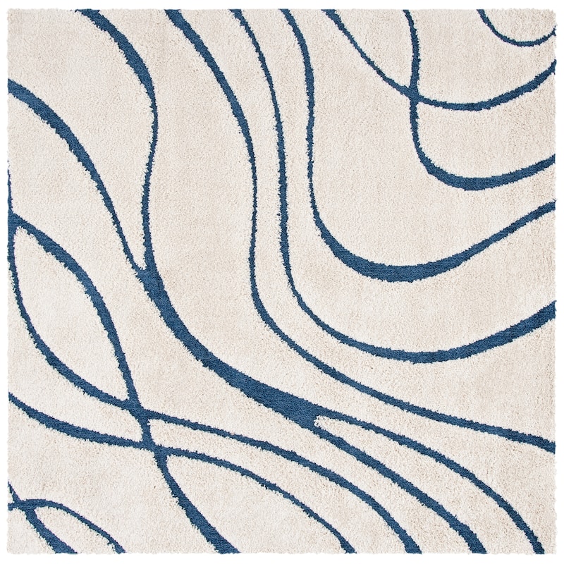 SAFAVIEH Florida Shag Sigtraud Abstract Waves 1.2-inch Area Rug - 8' x 8' Square - Cream/Blue