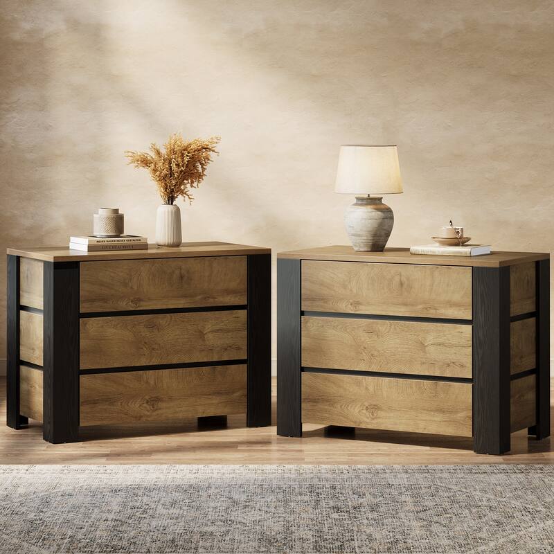 Nightstand with 3 Drawers for Bedroom - Brown/Black (2-Piece)