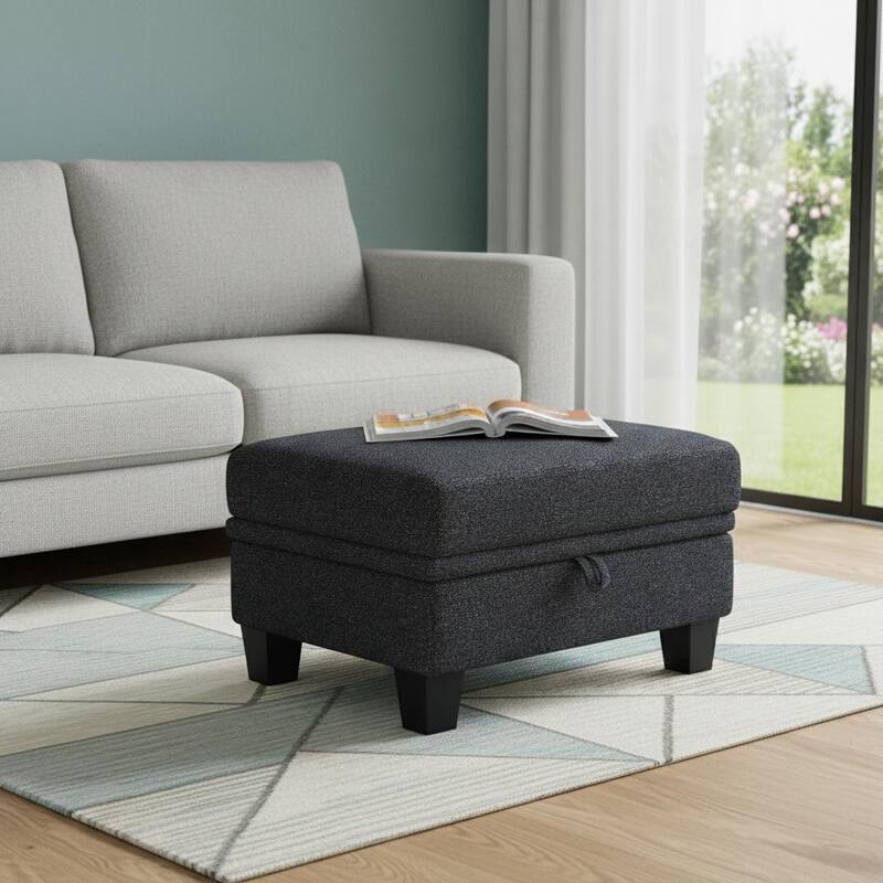 HomeRoots 29" Beige and Black Chenille Storage Ottoman - Gray