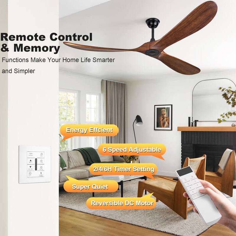 72"Large Size Solid Wood Ceiling Fan without Lights with Remote Control and Wall Switch, for Patio,Indoor,Living Room,Bedroom